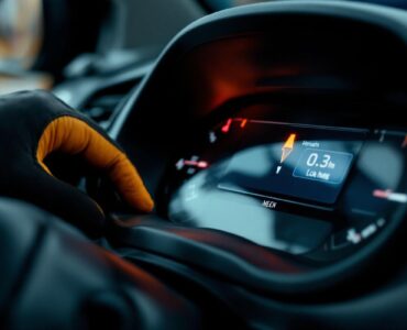 Gros plan du tableau de bord d’une Renault dans une ambiance de garage réaliste, avec un témoin lumineux et une main gantée qui inspecte la zone de contrôle