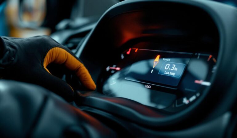 Gros plan du tableau de bord d’une Renault dans une ambiance de garage réaliste, avec un témoin lumineux et une main gantée qui inspecte la zone de contrôle