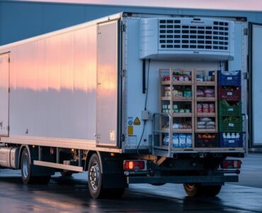Camion frigorifique en chargement sur un quai logistique a l aube