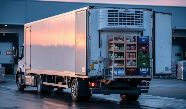 Camion frigorifique en chargement sur un quai logistique a l aube