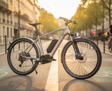 Vélo électrique moderne garé sur une piste cyclable urbaine baignée de lumière matinale