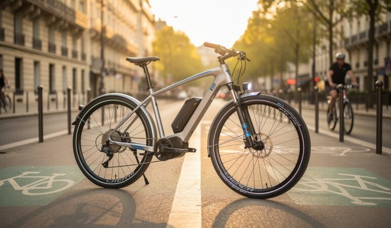 Vélo électrique moderne garé sur une piste cyclable urbaine baignée de lumière matinale