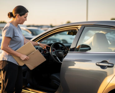 Une femme examine une voiture d’occasion reconditionnée dans un parc automobile, tenant des documents à la main.