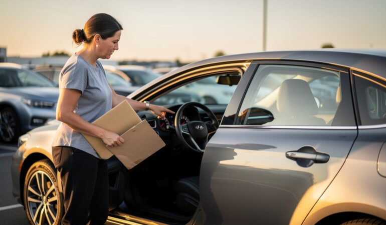 Une femme examine une voiture d’occasion reconditionnée dans un parc automobile, tenant des documents à la main.