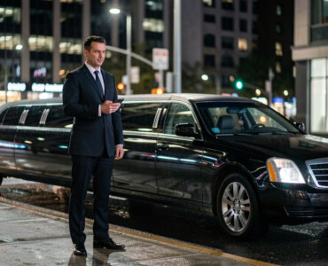 Chauffeur VTC devant une berline noire, tenant un smartphone, dans une ambiance urbaine moderne et professionnelle, éclairage nocturne avec reflets sur la chaussée.