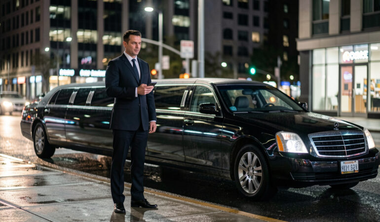 Chauffeur VTC devant une berline noire, tenant un smartphone, dans une ambiance urbaine moderne et professionnelle, éclairage nocturne avec reflets sur la chaussée.