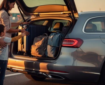 Une famille charge des valises et des sacs dans le coffre ouvert d’un break moderne avant de partir en vacances sur l’autoroute.