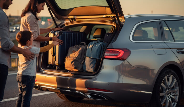 Une famille charge des valises et des sacs dans le coffre ouvert d’un break moderne avant de partir en vacances sur l’autoroute.