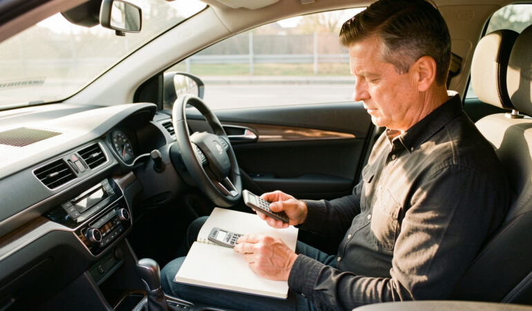 Un homme d’âge mûr calcule son budget automobile dans une voiture moderne, avec un carnet aux pages vierges et une calculatrice, éclairé par la lumière naturelle.