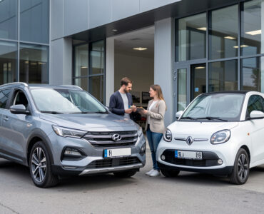 Un homme et une femme comparent un SUV et une citadine devant une concession automobile moderne, éclairée par la lumière naturelle.