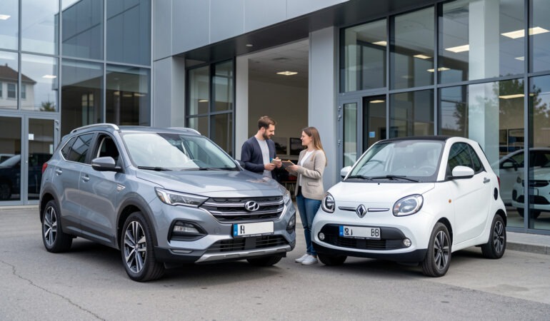Un homme et une femme comparent un SUV et une citadine devant une concession automobile moderne, éclairée par la lumière naturelle.