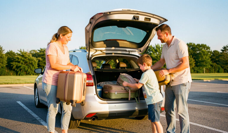 Une famille chargeant des valises et sacs dans le coffre de leur voiture sur une aire de départ estivale, sous un ciel ensoleillé.