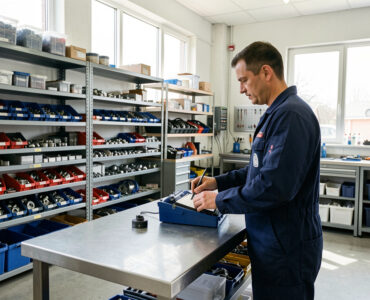 Atelier automobile moderne et bien organisé, avec des pièces détachées rangées et un technicien préparant une commande sous une lumière naturelle.