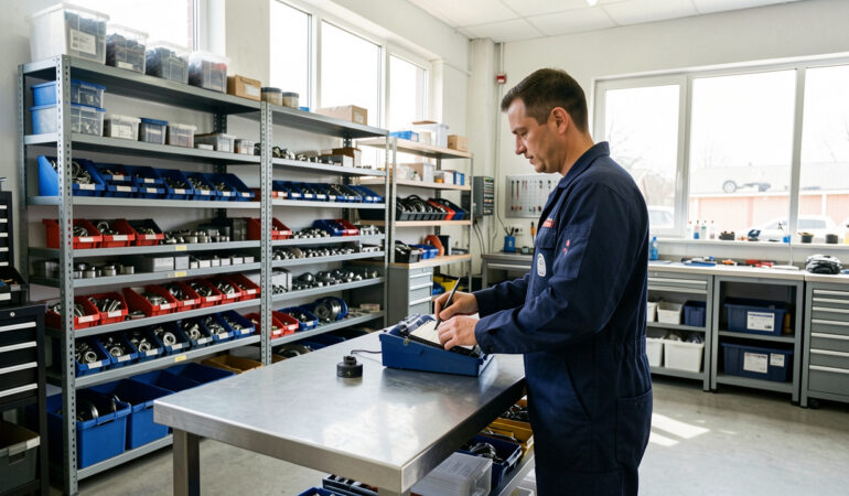 Atelier automobile moderne et bien organisé, avec des pièces détachées rangées et un technicien préparant une commande sous une lumière naturelle.