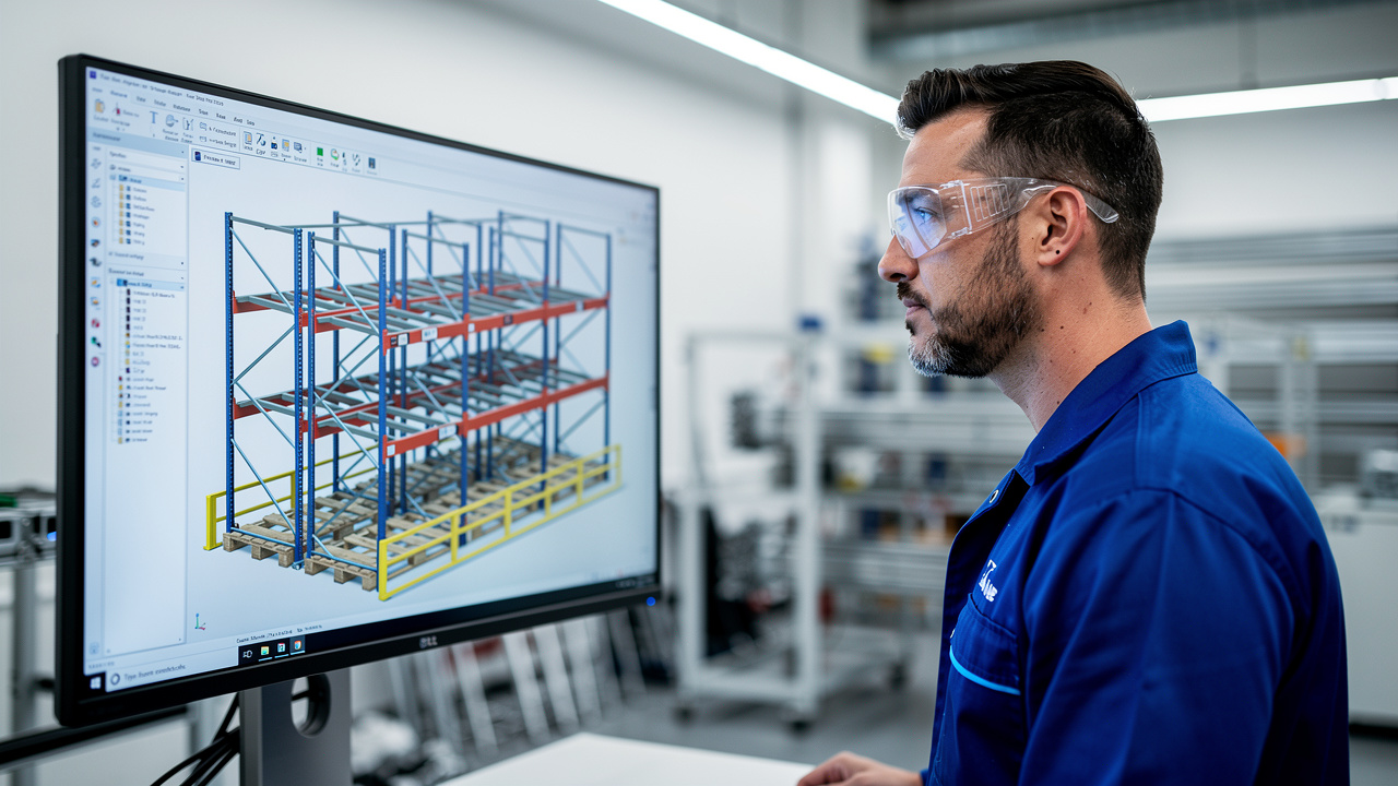 Technicien observant sur un écran une modélisation 3D détaillée d’un rayonnage industriel avec échelles, lisses horizontales et protections de montants.