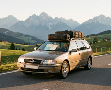 Voiture chargée roulant sur une route européenne au matin, avec des bagages et des cartes vierges visibles, devant des montagnes lointaines.