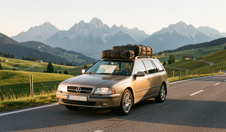 Voiture chargée roulant sur une route européenne au matin, avec des bagages et des cartes vierges visibles, devant des montagnes lointaines.
