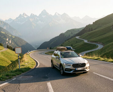 Voiture chargée roulant sur une route panoramique européenne bordée de paysages montagneux, avec une lumière matinale et des repères frontaliers sans inscription.