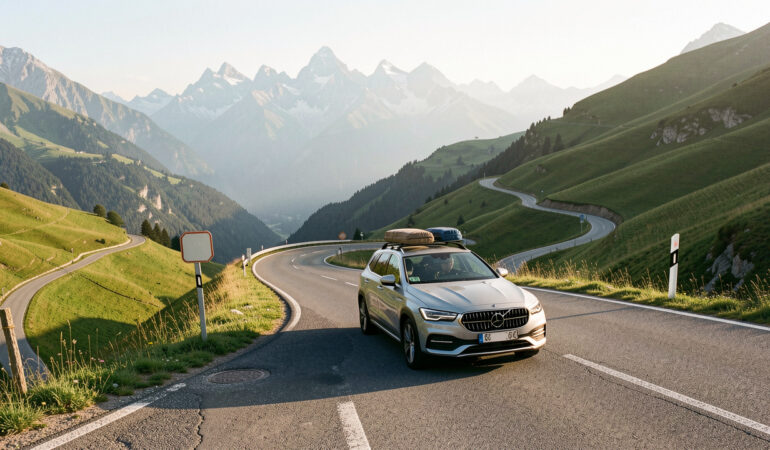 Voiture chargée roulant sur une route panoramique européenne bordée de paysages montagneux, avec une lumière matinale et des repères frontaliers sans inscription.