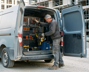 Un artisan charge soigneusement ses outils dans un véhicule utilitaire sans logo devant un chantier urbain, sous une lumière naturelle.