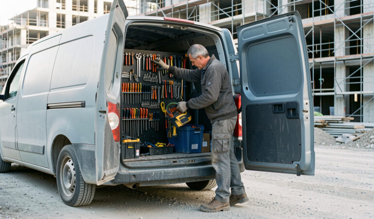 Un artisan charge soigneusement ses outils dans un véhicule utilitaire sans logo devant un chantier urbain, sous une lumière naturelle.