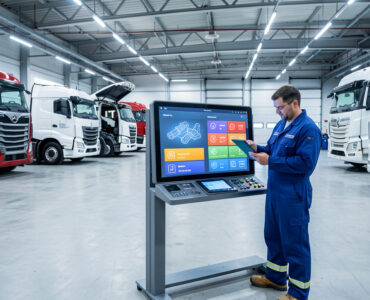 Atelier moderne avec plusieurs camions de transport, où un mécanicien consulte une tablette devant un tableau de maintenance numérique.