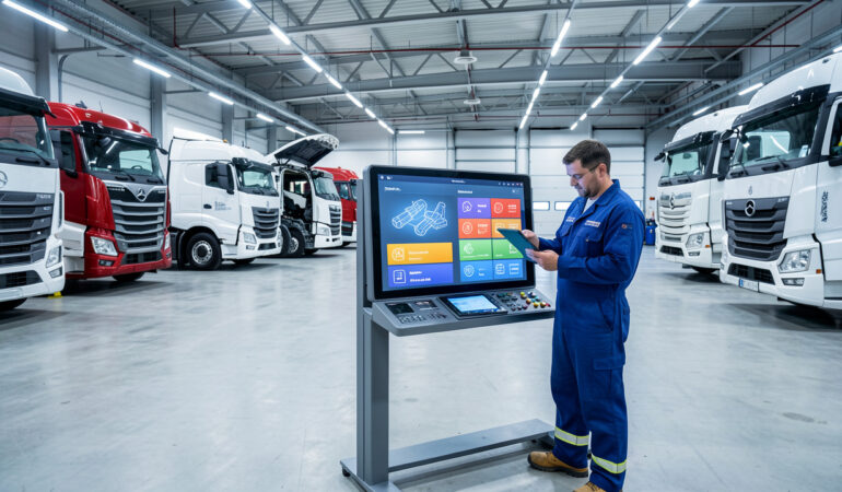 Atelier moderne avec plusieurs camions de transport, où un mécanicien consulte une tablette devant un tableau de maintenance numérique.
