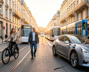 Rue urbaine française au matin avec une femme à vélo électrique, un homme se dirigeant vers un tramway et un autre homme branchant une voiture électrique à une borne de recharge.