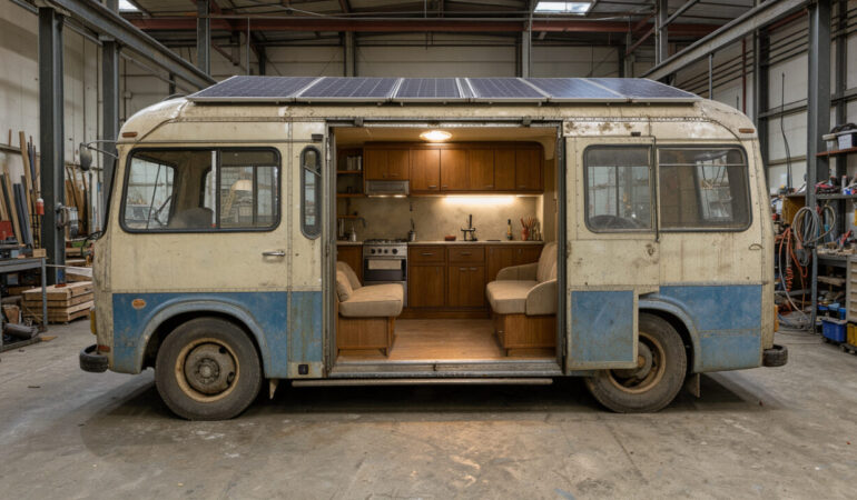 Ancien autocar transformé en logement mobile, stationné dans un atelier, avec des panneaux solaires sur le toit et un intérieur aménagé visible par la porte ouverte.