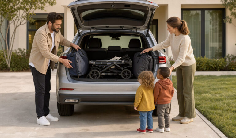 Une famille chargeant des bagages et une poussette dans une voiture moderne devant une maison, sous une lumière naturelle douce.