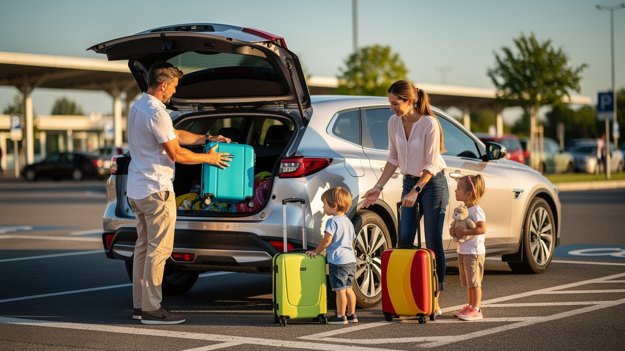 Un homme et une femme chargent des valises dans le coffre ouvert d’un SUV hybride compact, tandis que deux enfants se tiennent près du véhicule sur une aire de départ en vacances.