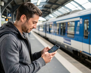 Un homme consulte son smartphone sur le quai d’une gare française, avec un train visible en arrière-plan dans une ambiance réaliste de mobilité urbaine.