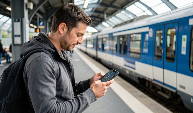 Un homme consulte son smartphone sur le quai d’une gare française, avec un train visible en arrière-plan dans une ambiance réaliste de mobilité urbaine.
