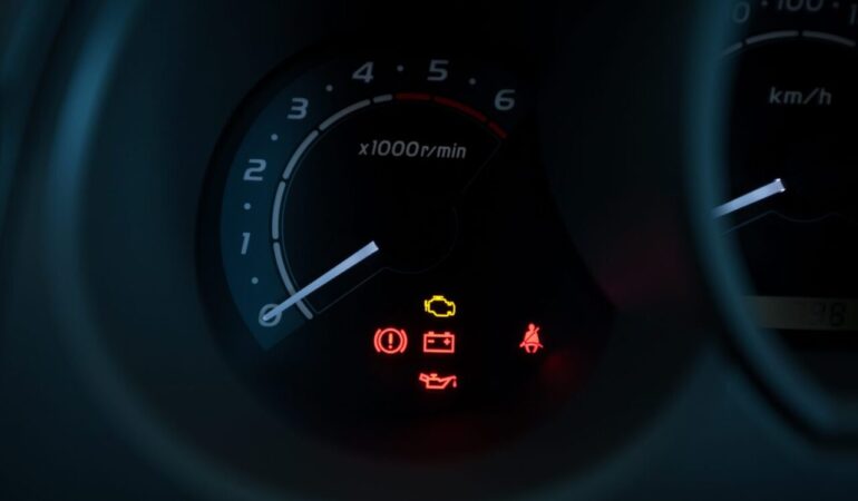Tableau de bord d’une voiture Dacia affichant plusieurs voyants lumineux.